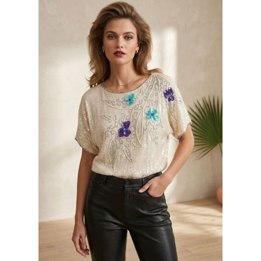 Scala Silk Sequin‎ Beaded 80s Glam Floral White Top Size Medium